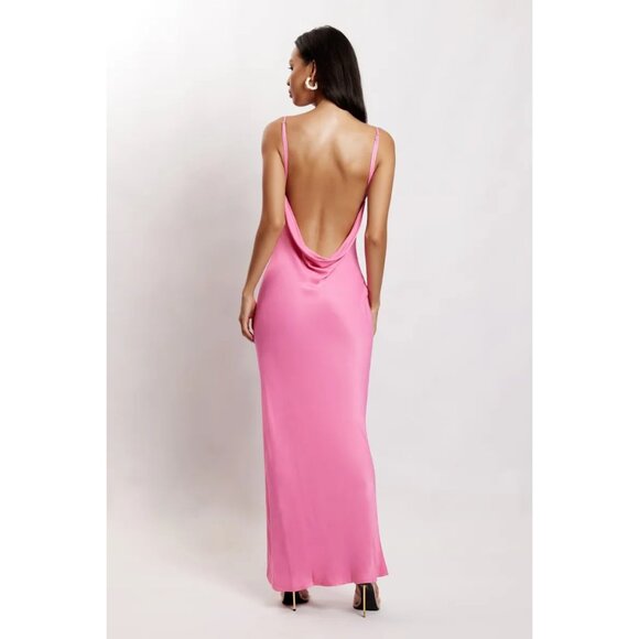 Meshki Jade Cowl Neck Backless Maxi Dress Satin Size Large Bright Pink NWT - Picture 2 of 10